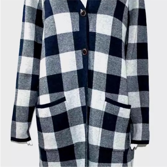 D & Co Jacquard Plaid Open Front Hooded Cardigan Navy Checkered FREE SHIPPING - Picture 4 of 12